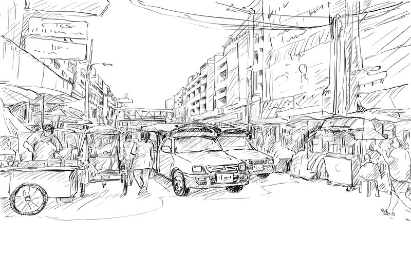 800x503 Sketch Cityscape Of Chiangmai, Thailand, Show Red Car Local - Market Sketch