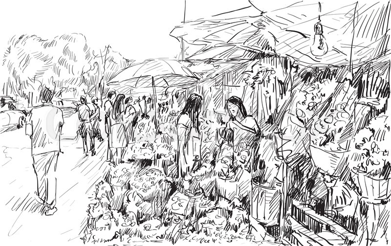 800x503 Sketch Of Cityscape Show Flower Market On Street In Thai - Market Sketch