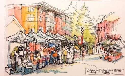 492x299 Sketches Of Open Air Market - Market Sketch