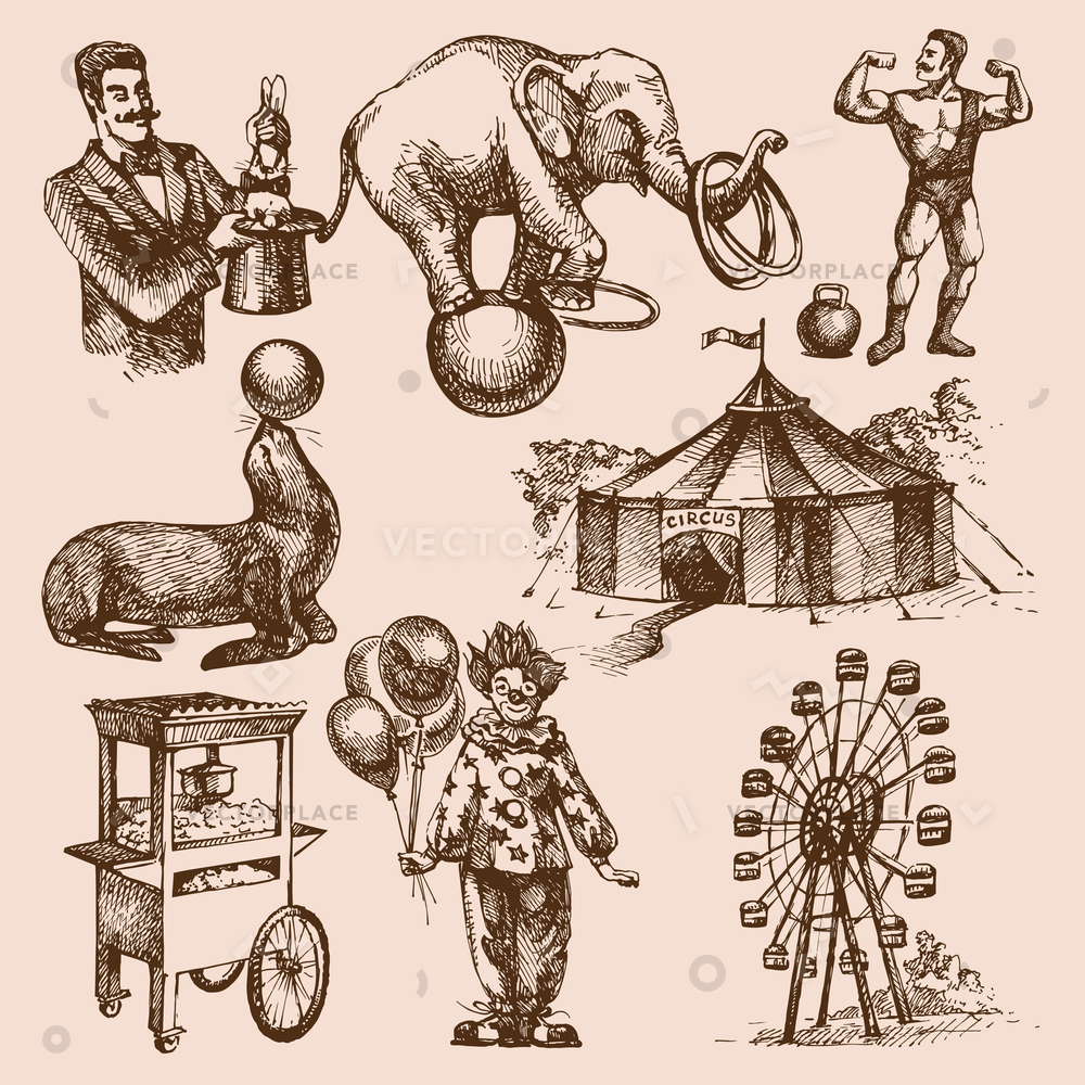 1000x1000 Sketch Circus Elements Collection Magician Animal Vector - Marquee Sketch