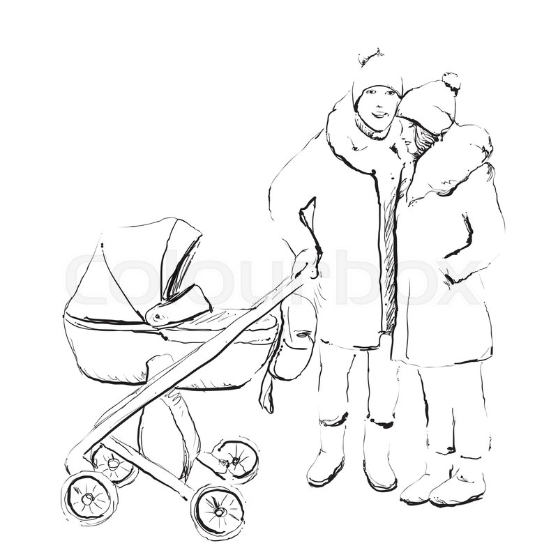 800x799 Young Married Couple Walking With They Newborn Child. Baby - Married Sketch