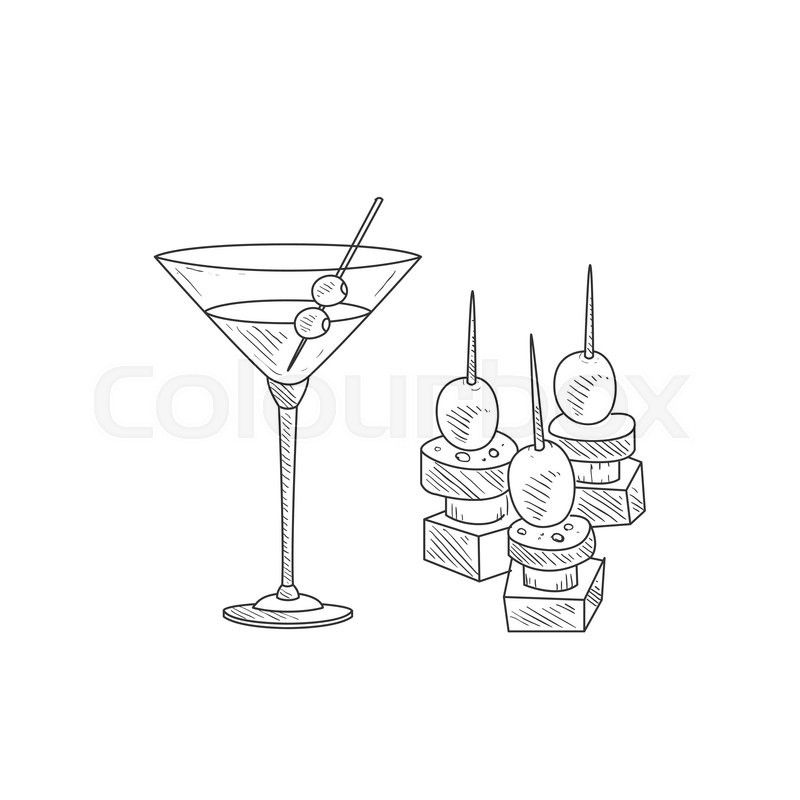 800x800 Martini Cocktail With Olive And Canape Hand Drawn Realistic - Martini Sketch