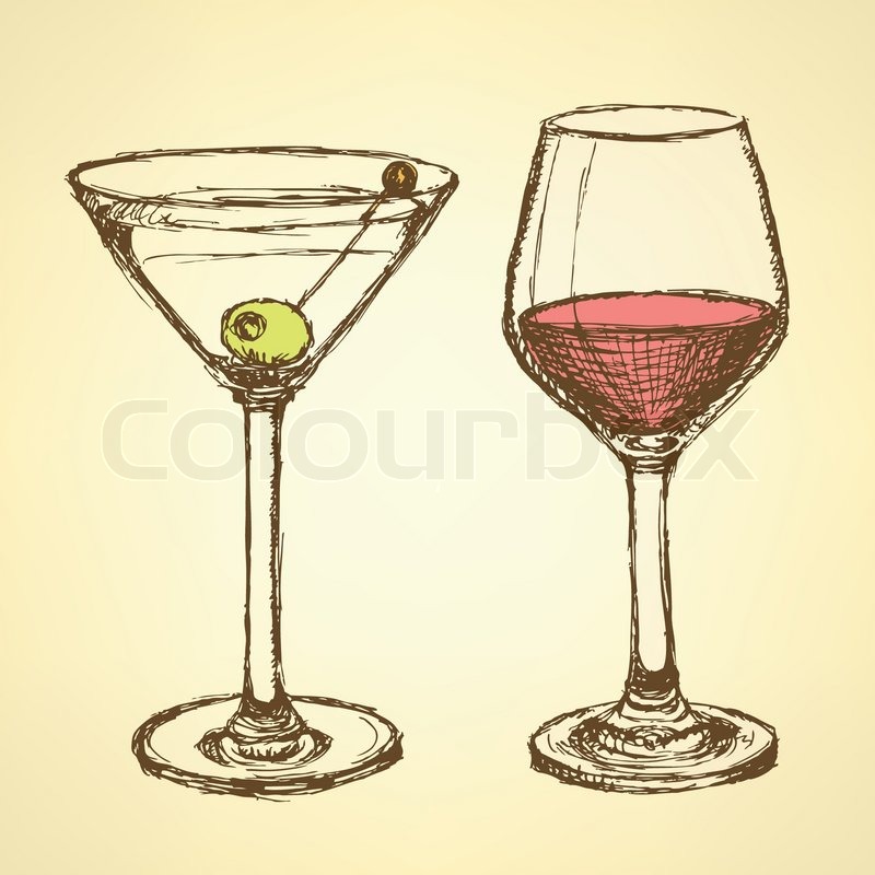800x800 Sketch Martini And Wine Glass In Vintage Style, Vector Stock - Martini Sketch