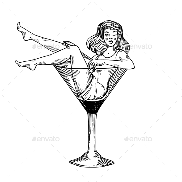 590x590 Woman In Martini Glass Engraving Vector By Alexanderpokusay - Martini Sketch