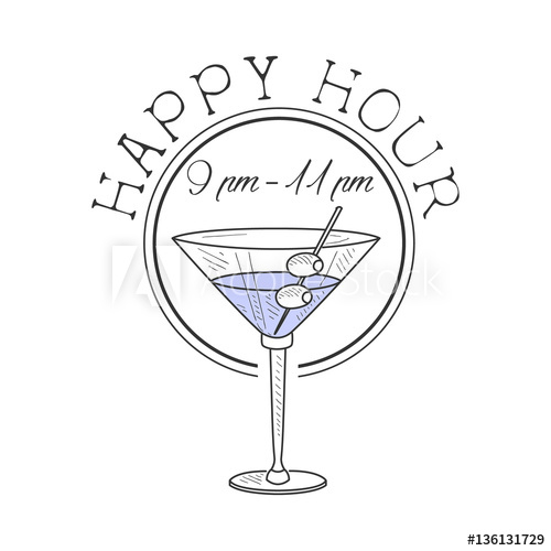 500x500 Bar Happy Hour Promotion Sign Design Template Hand Drawn Hipster - Martini Sketch