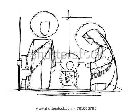 450x380 Hand Drawn Vector Ink Illustration Or Drawing Of Jesus, Virgin - Mary And Joseph Sketch
