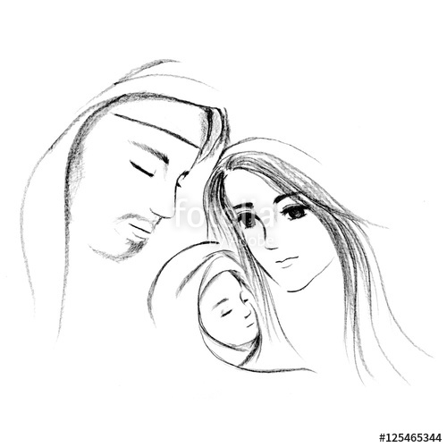 500x500 Baby Jesus And Mary Joseph Hand Drawn Illustration Christmas - Mary And Joseph Sketch