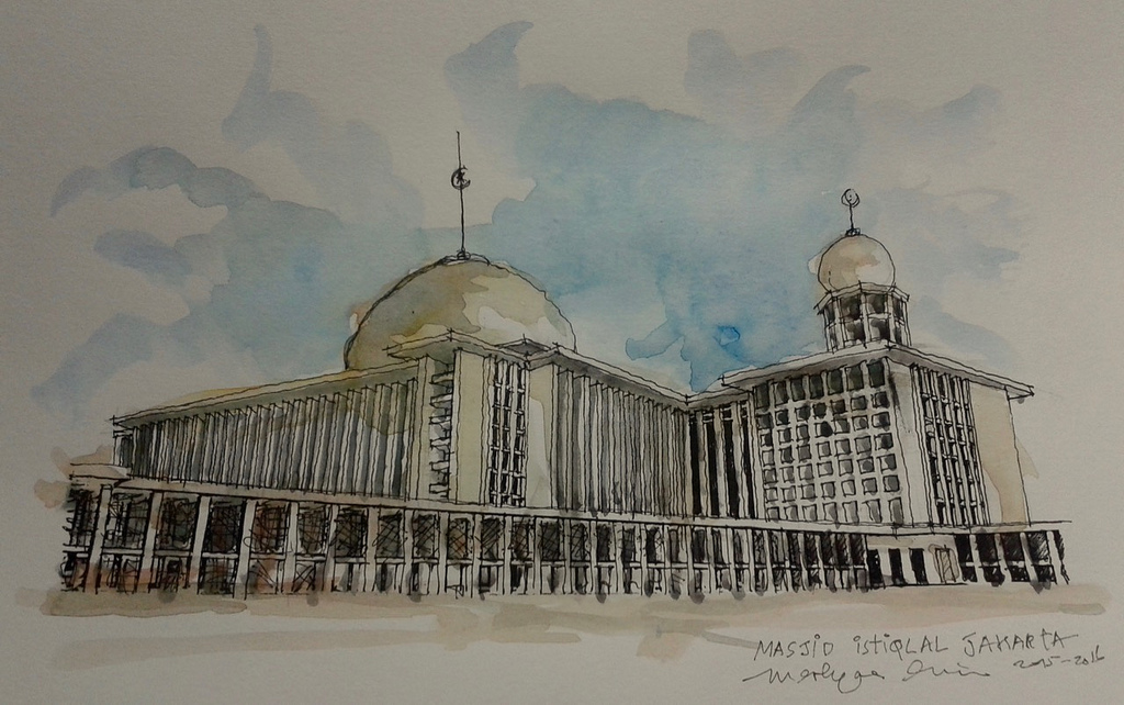1024x642 Istiqlal Mosque, Jakarta A Sketch By Merlynalim - Masjid Sketch
