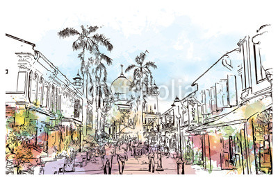 400x260 Watercolor Sketch Of Street View Of Singapore With Masjid (Mosque - Masjid Sketch