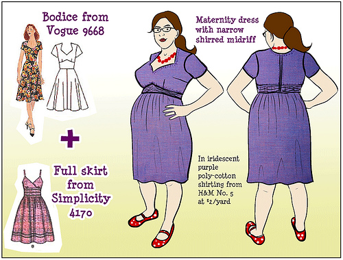 500x380 Vogue 9668 Purple Maternity Dress Alteration Sketch - Maternity Sketch
