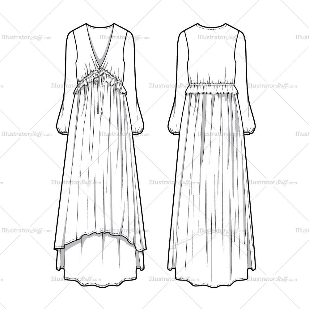 1000x1000 Ruffle Hi Low Maxi Dress Flat Template Templates For Fashion - Maxi Dress Sketch