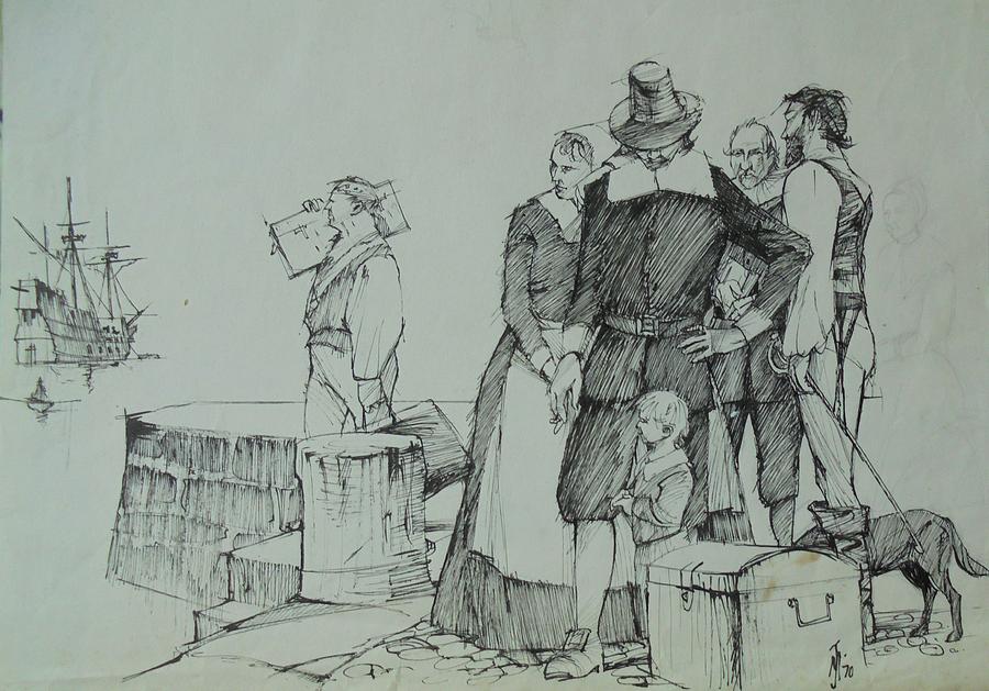 900x629 Mayflower Departure. Drawing By Mike Jeffries - Mayflower Sketch