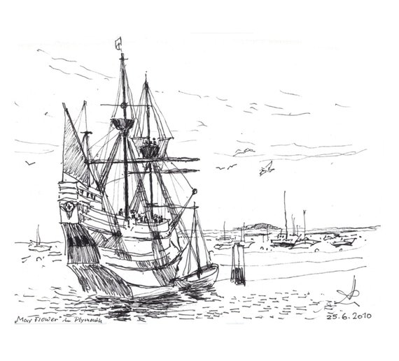 570x517 Usa Massachusetts Lake Black And White Sketch Pencil Etsy - Mayflower Sketch