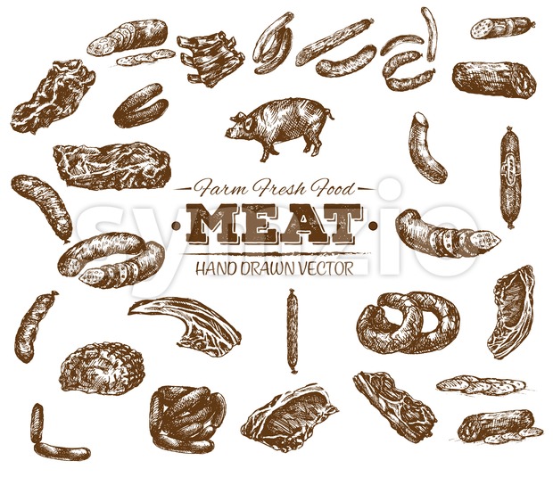 620x535 Collection 5 Of Hand Drawn Meat Sketch, Black And White Vector - Meat Sketch