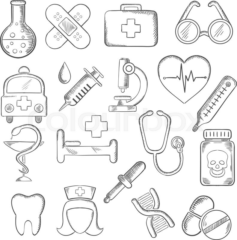 791x800 Medical And Healthcare Icons Sketches With Hospital And Pharmacy - Medical Sketches