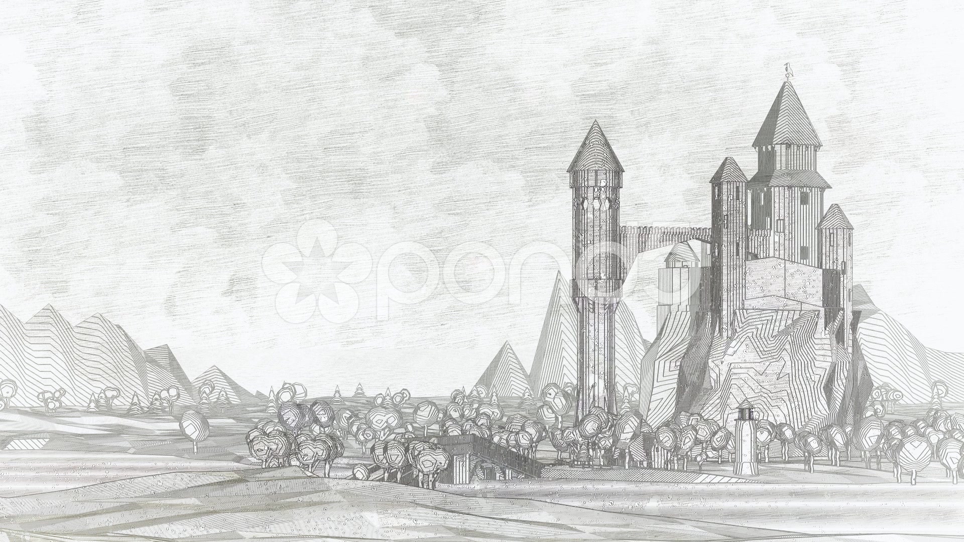 1920x1080 Video Cartoon Medieval Castle. Snowfall. Sketch Style. Black And - Medieval Castle Sketch