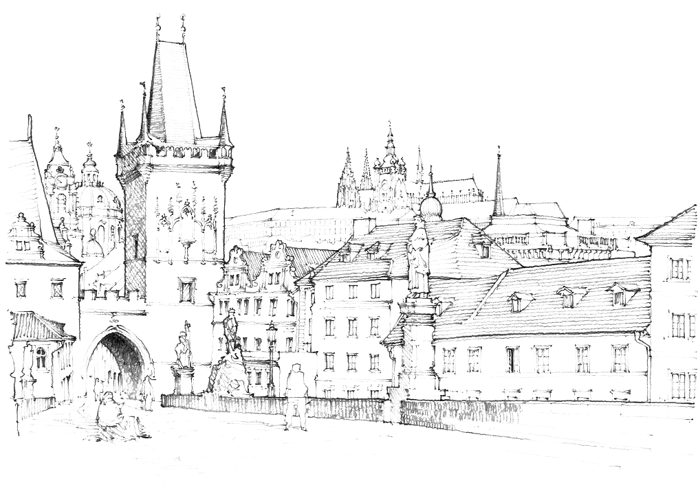1015x722 Charles Bridge Malxe1 Strana Drawing Sketch - Medieval Castle Sketch