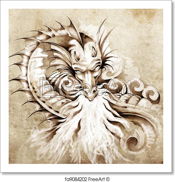 561x581 Free Art Print Of Sketch Of Tattoo Art, Fantasy Medieval Dragon - Medieval Dragon Sketch