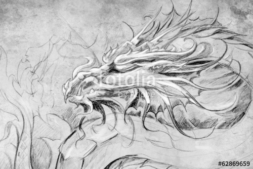 500x334 Medieval Dragon Head. Tattoo Design Over Grey Background. Textur - Medieval Dragon Sketch
