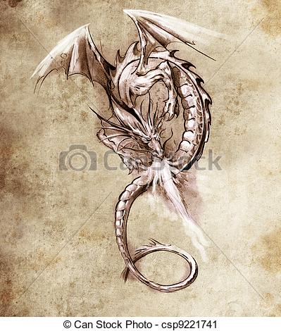 399x470 Sketch Of Tattoo Art, Fantasy Dragon. Sketch Of Tattoo Art - Medieval Dragon Sketch