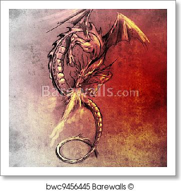 362x382 Art Print Of Fantasy Dragon. Sketch Of Tattoo Art, Medieval - Medieval Dragon Sketch
