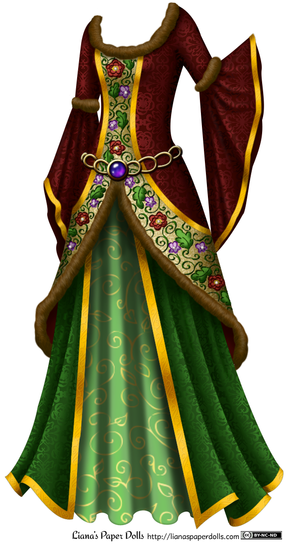 581x1096 Red And Green Medieval Gown With Oak, Rose And Violet Embroidery - Medieval Dress Sketches