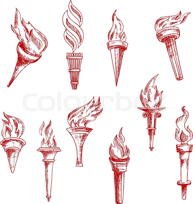 756x800 Medieval Flaming Torches Sketches In Engraving Style With Figured - Medieval Sketches