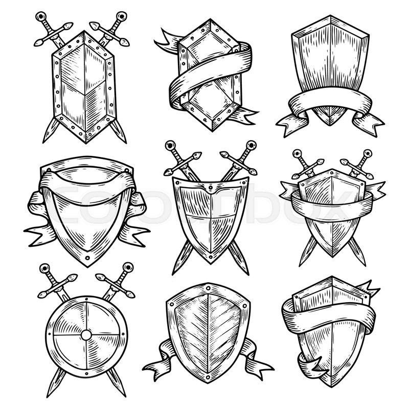 800x800 Set Of Isolated Sketches Of Empty Or Blank Round Shields With - Medieval Sketches