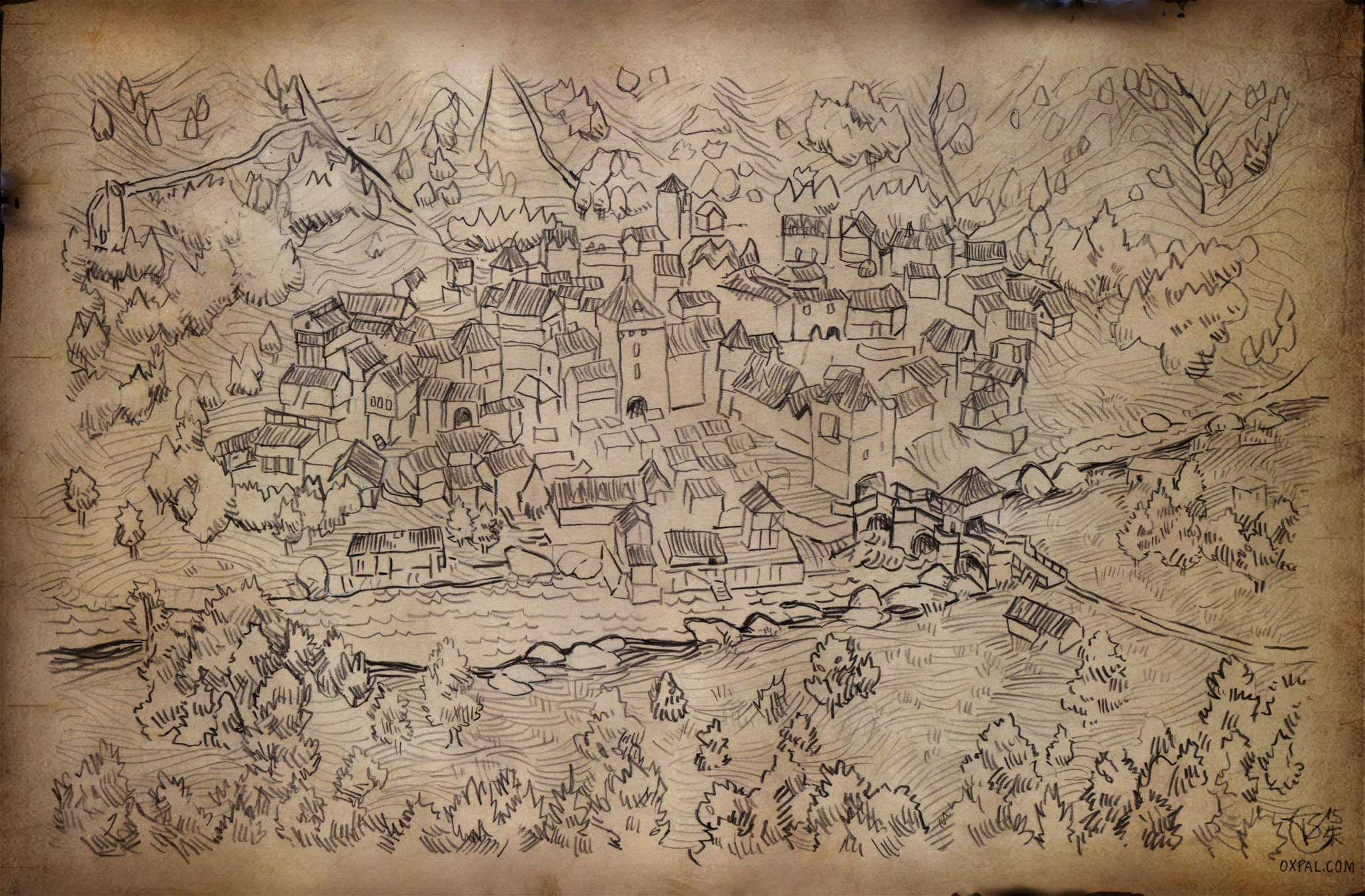 2048x1345 Hand Drawn Medieval Town Map Thomas Schmall - Medieval Town Sketch