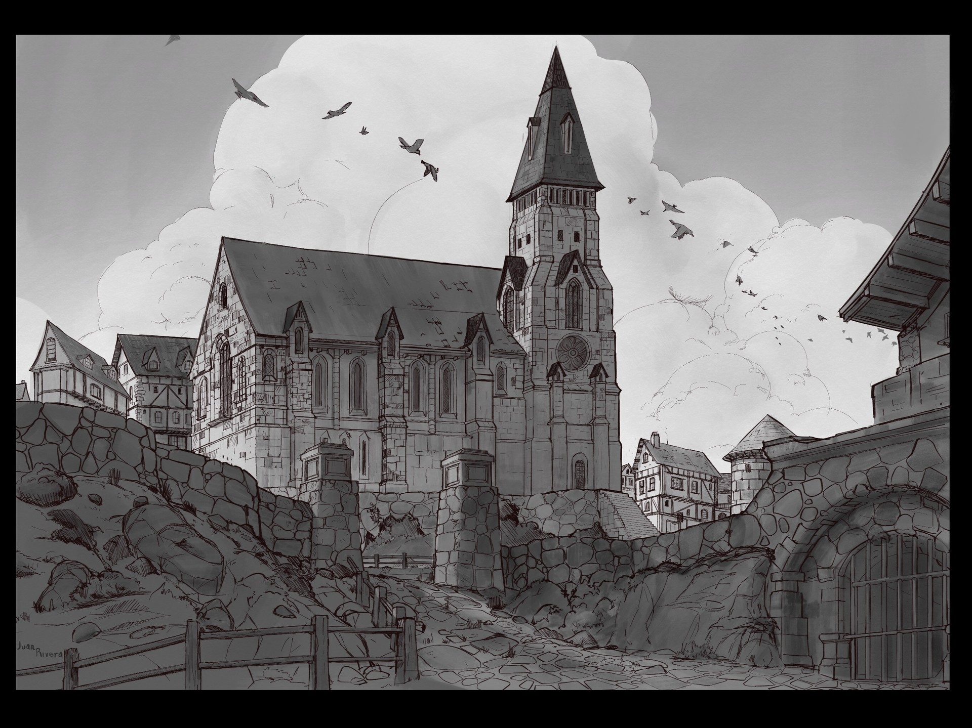 1920x1439 Juan Rivera - Medieval Town Sketch