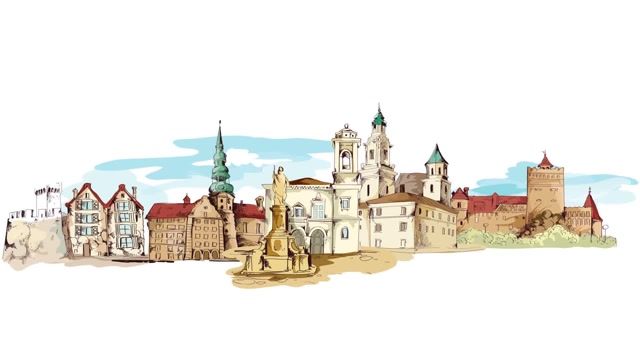 640x360 Old City Medieval Town Street Sketch Colored Cityscape With - Medieval Town Sketch