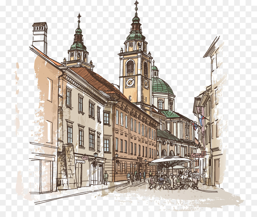 900x760 United Kingdom New York City Sketch - Medieval Town Sketch