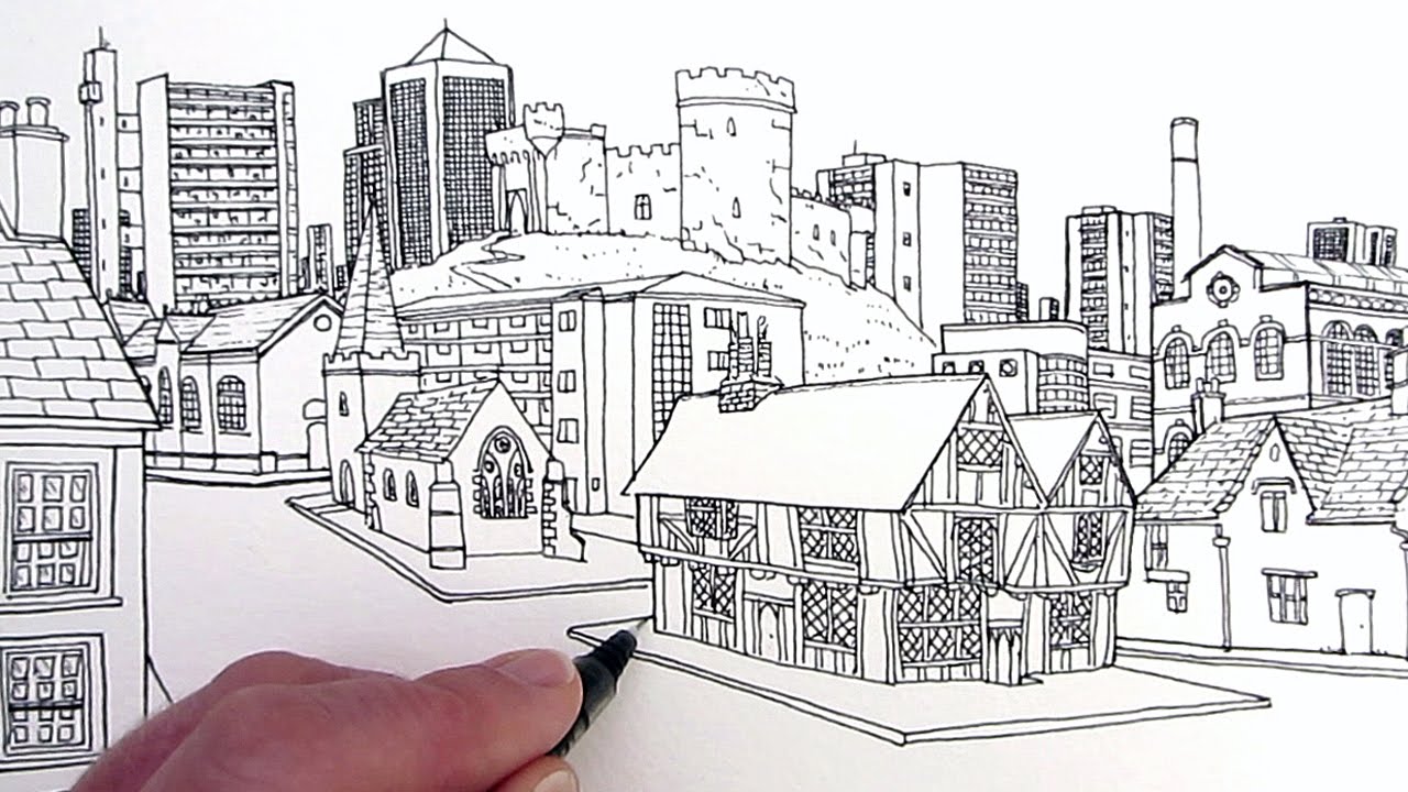 1280x720 How To Draw Buildings A Village Through Time - Medieval Village Sketch