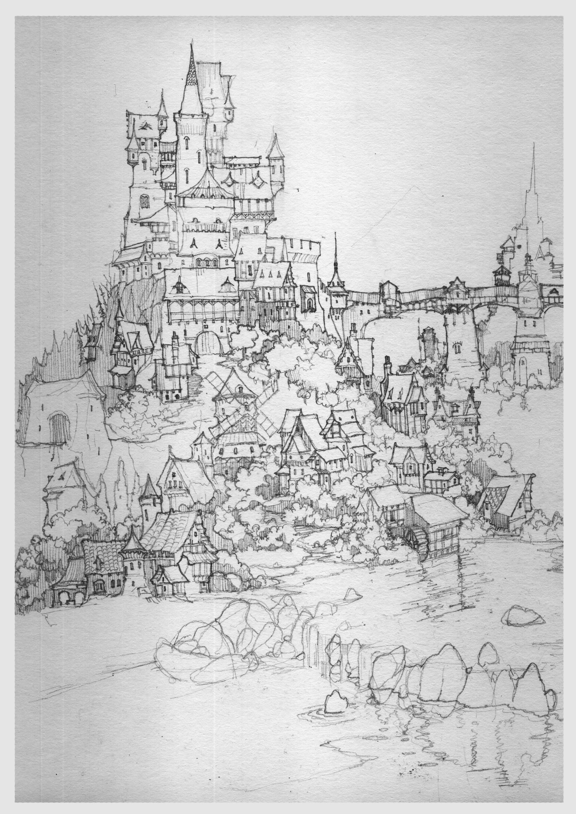 1920x2713 Artstation - Medieval Village Sketch