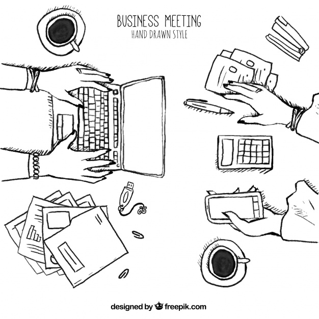 626x626 Sketch Of Business Meeting With Laptop And Mobile Stock Images - Meeting Sketch