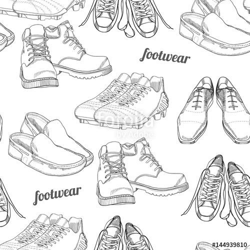 500x500 Hand Drawn Seamless Pattern Men Footwear. Casual And Sport Style - Men Shoes Sketch