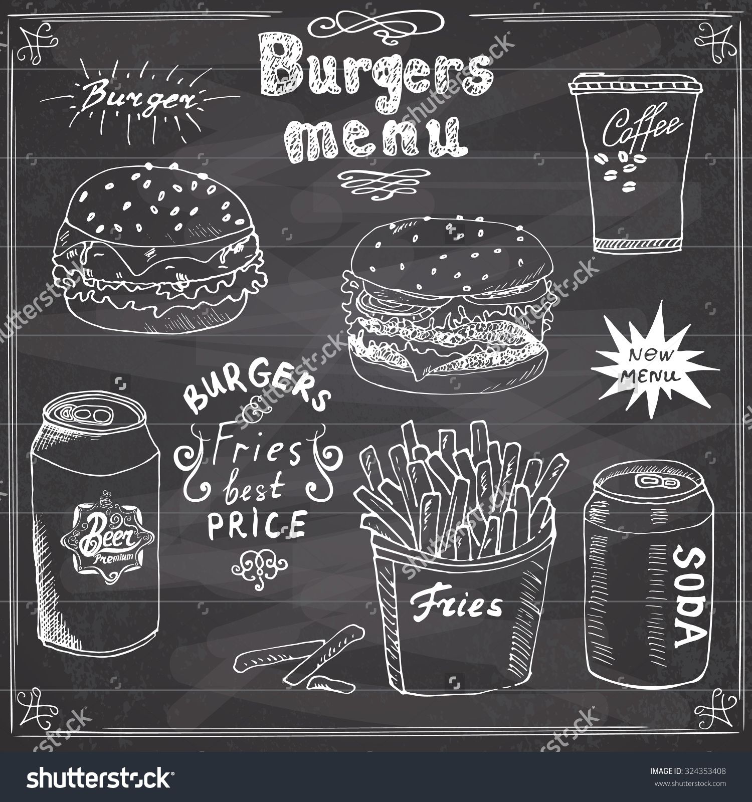 1500x1600 Burger Menu Hand Drawn Sketch. Fastfood Poster With Hamburger - Menu Sketch