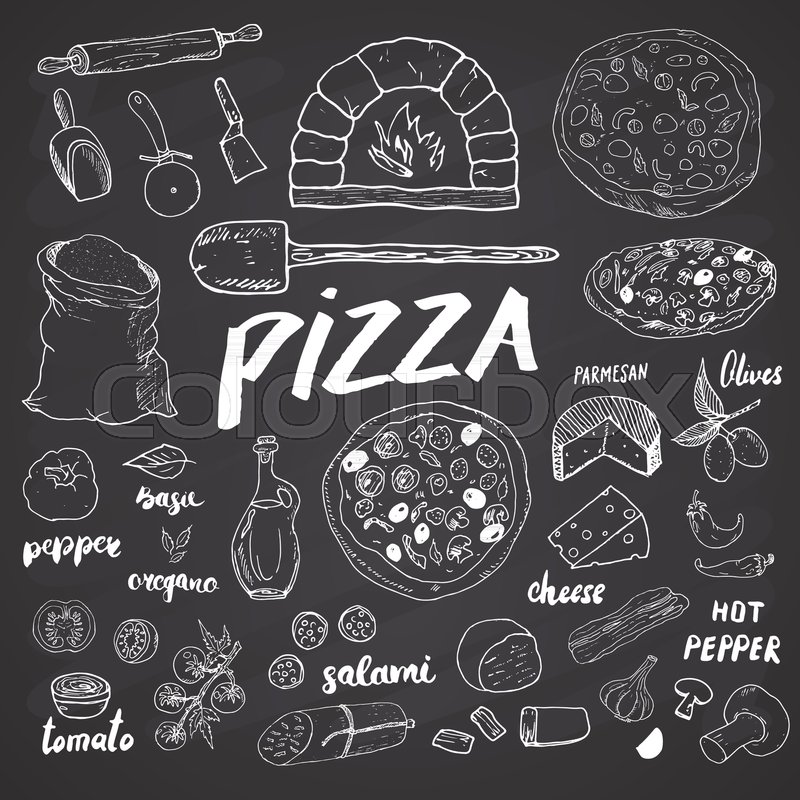 800x800 Pizza Menu Hand Drawn Sketch Set. Pizza Preparation Design - Menu Sketch