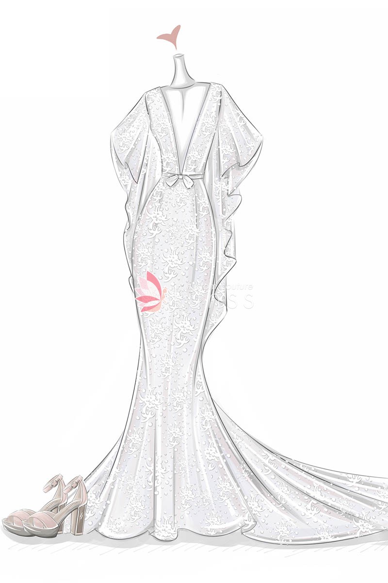 800x1200 Sketch Of Plunging V Neck Flutter Sleeves Mermaid Lace Wedding - Mermaid Dress Sketch