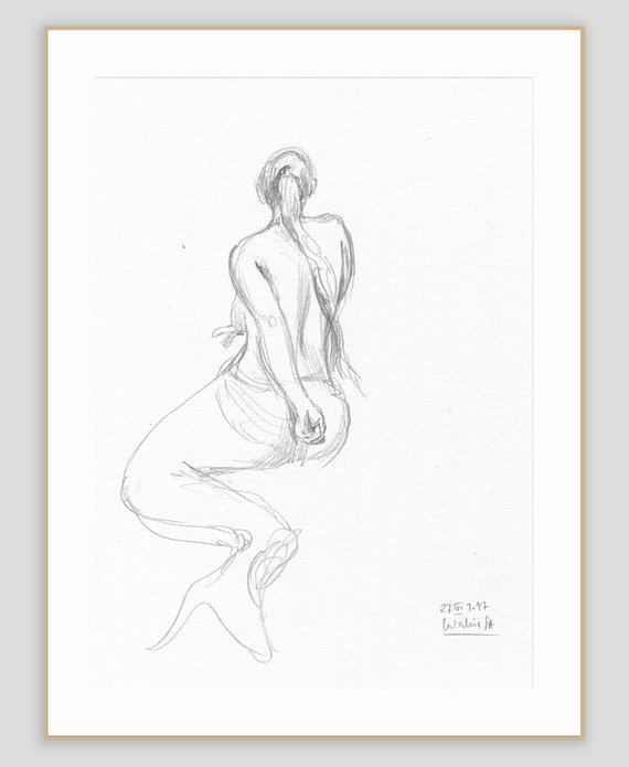 570x695 Mermaid Pencil Drawing Original Mermaid Sketch Female Posing Etsy - Mermaid Sketch Pictures