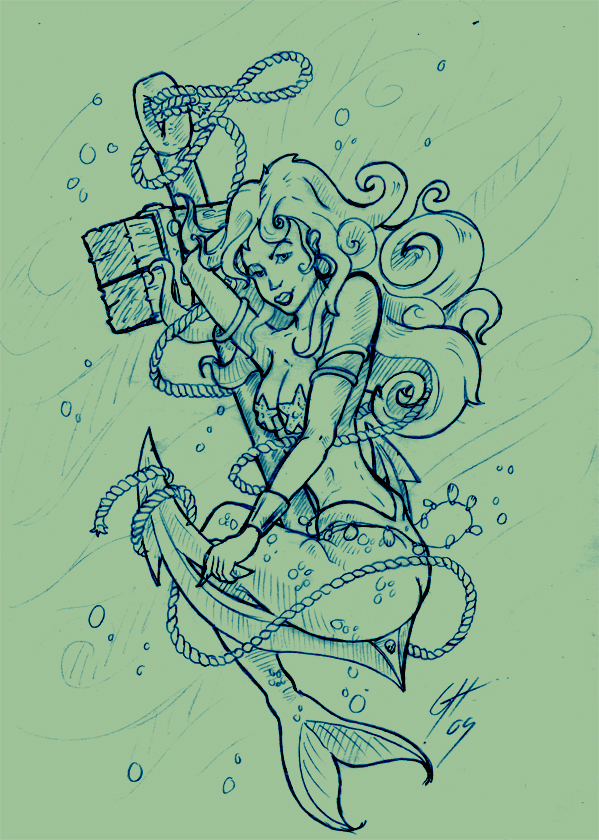 599x840 Mermaid Tattoo Sketch 3 By Themacrat - Mermaid Tattoo Sketch