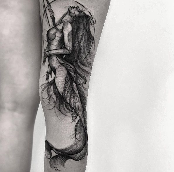 595x589 Sketched Mermaid Tattoo By Frank Carrilho - Mermaid Tattoo Sketch