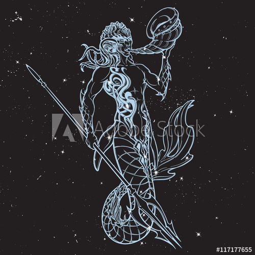 500x500 Merman Sketch Isolated On Nightsky Background - Merman Sketch