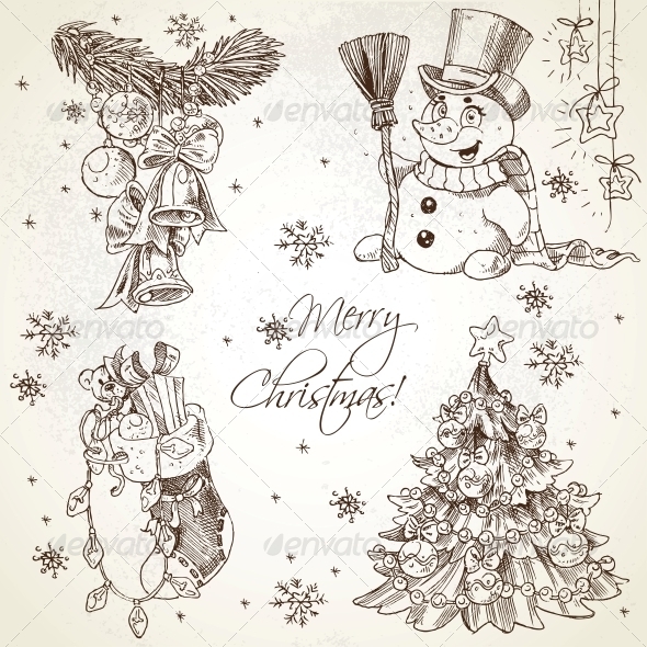 590x590 Merry Christmas Vintage Sketch Draw Set By Azuzl Graphicriver - Merry Christmas Sketch