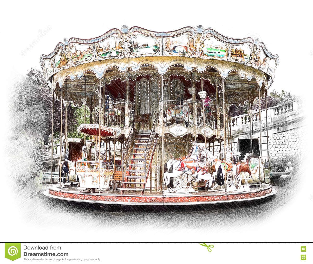 1300x1098 Carousel Merry Go Round Paris Illustration Draw Sketch Style - Merry Go Round Sketch