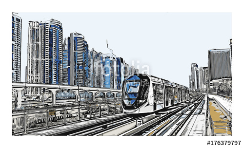 500x304 Vector Illustration With Sketch Of Tram Metro And Buildings In - Metro Sketch