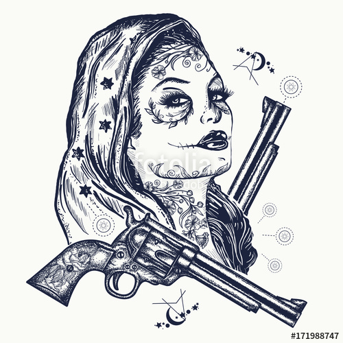 500x500 Wild West Woman Tattoo. Santa Muerte Girl. Sugar Skull. Santa - Mexican Girl Sketch