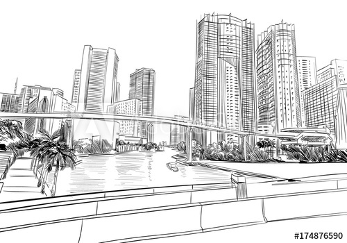 500x350 Usa. Florida. Miami. Unusual Perspective Hand Drawn Sketch. City - Miami Sketch