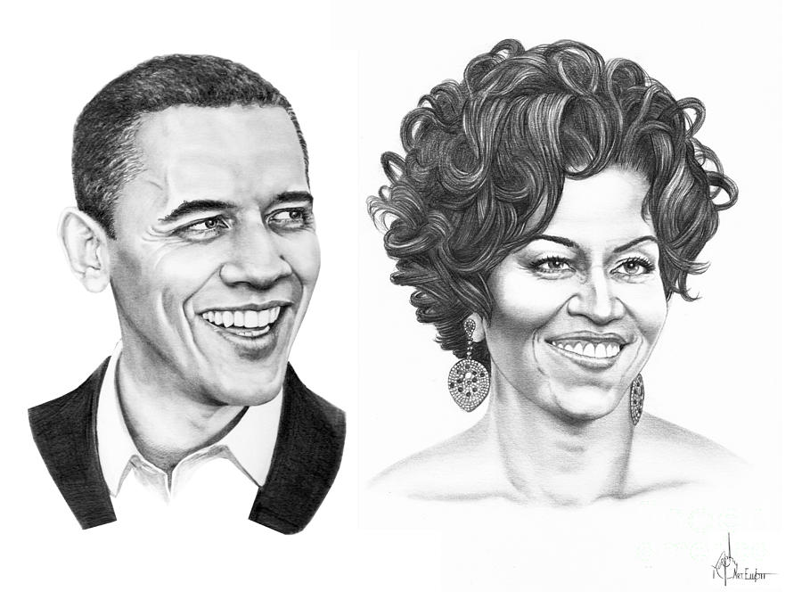 900x664 Barrack And Michelle Obama Drawing By Murphy Elliott - Michelle Obama Sketch