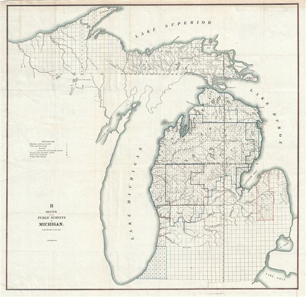 600x582 B Sketch Of The Public Survey In Michigan. Geographicus Rare - Michigan Sketch